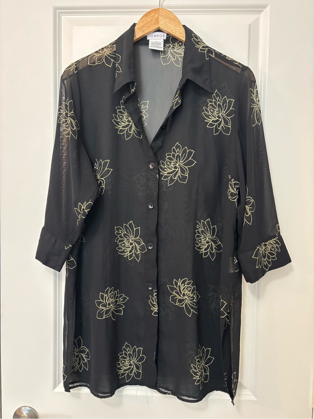 George Black Floral Sheer Button Front Half-Sleeve Top, Size M